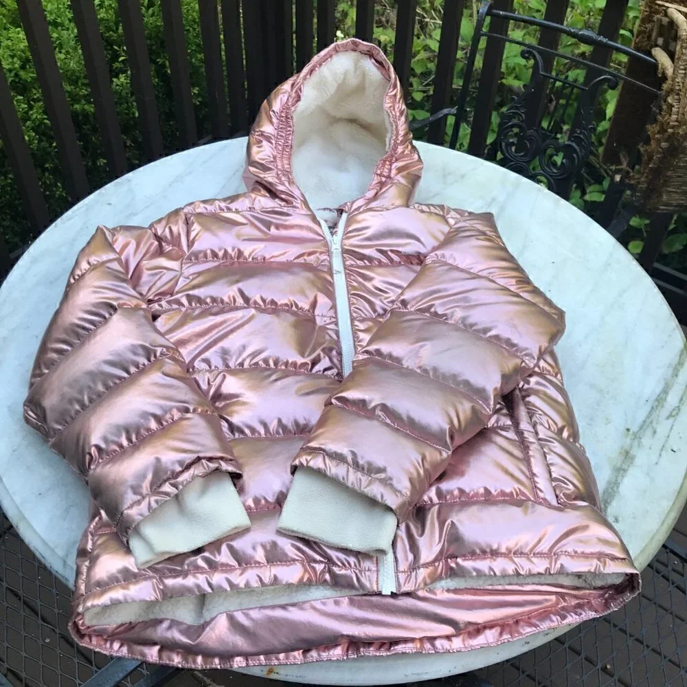 Eddie Bauer Girls Classic Down Hooded Metallic Puffer Jacket Size L (14)